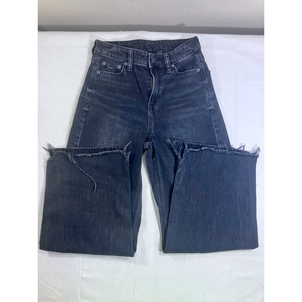 American Eagle Super High Rise Baggy Wide Leg Ankle Jeans Faded Black Strigid 00